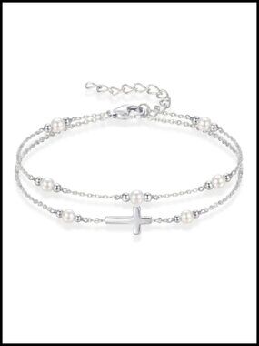 18K Gold Plated Pearl Cross Bracelet for Women Stackable Silver Bead Bracelet